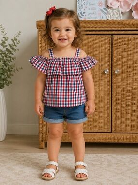 Toddler Girls' Red, White & Blue Gingham Cold-Shoulder Top